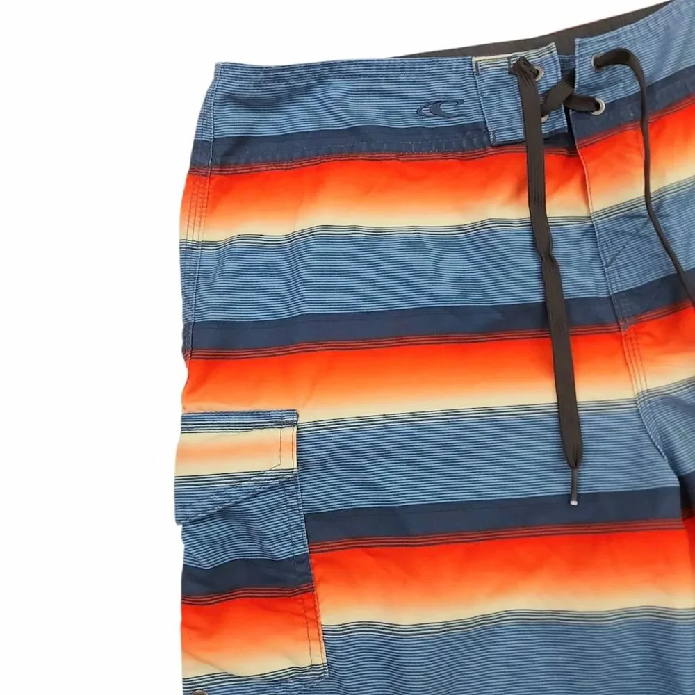O'Neill Mens Board Shorts 32 Blue Orange Striped Swim Trunks Cargo Pocket Beach